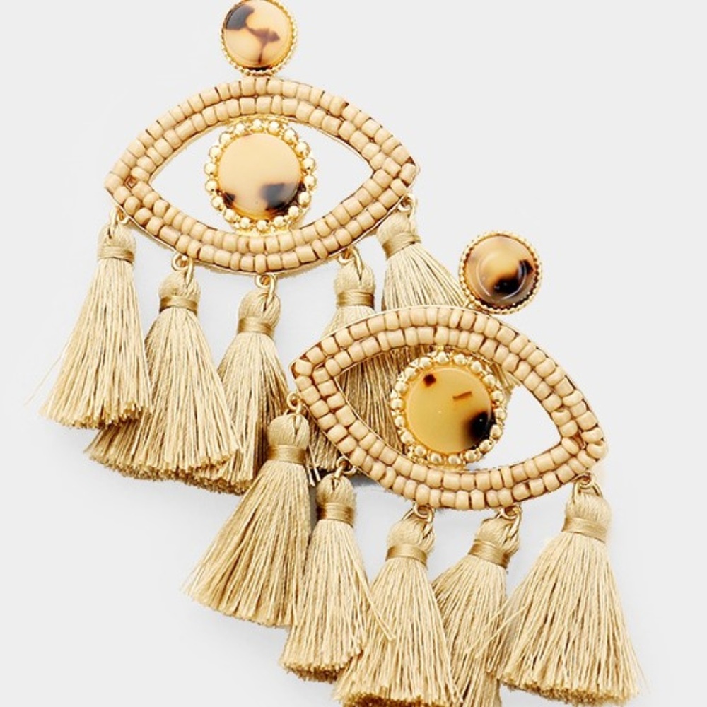 Evil Eye Bead Embellished Tassel Earrings
